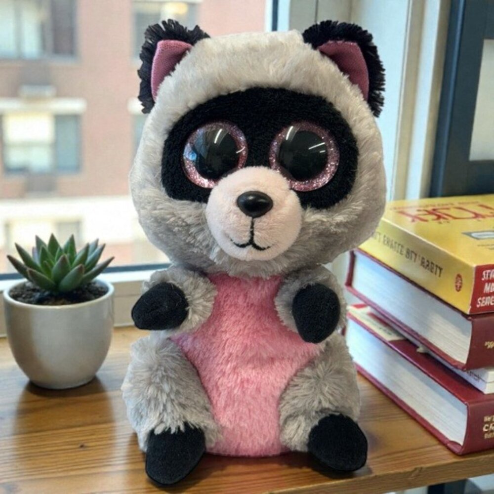 Ty Beanie Boos - "Rocco" the Racoon Pink Glitter Eyes 6" Plush NWOT New